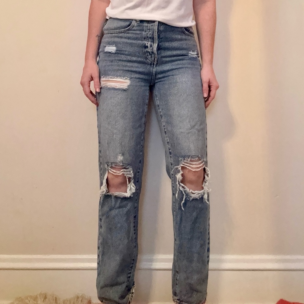 Women's Straight Leg Distressed Blue Jeans